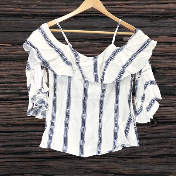 Miss Me White and Blue Ruffled Flutter Sleeve Blouse - Picture 1 of 5